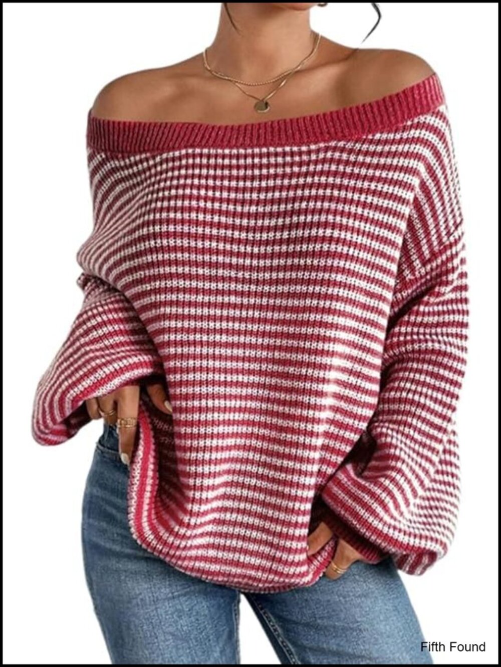 Women's Oversized Striped Sweater Off The Shoulder Loose Knit Pullover